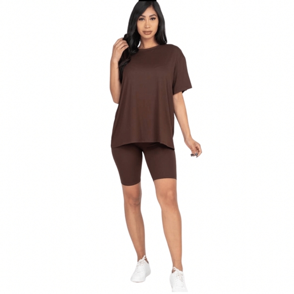 LOOSE FIT TOP & BIKE SHORTS SET (COFFEE) - Picture 1 of 2
